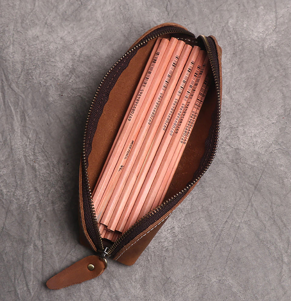 Paavo Full Grain Leather Pen Case | Handcrafted Zipper Pouch