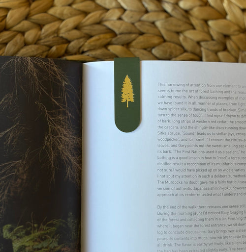 Blue Spruce Tree Magnetic Bookmark – Gold Foil Forest Art
