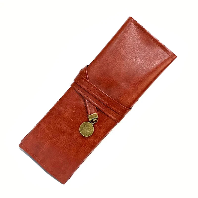 Vintage Leather Roll Pencil Case | Retro Pen & Brush Pouch