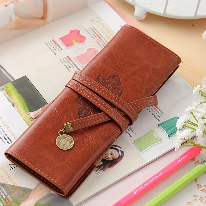 Vintage Leather Roll Pencil Case | Retro Pen & Brush Pouch