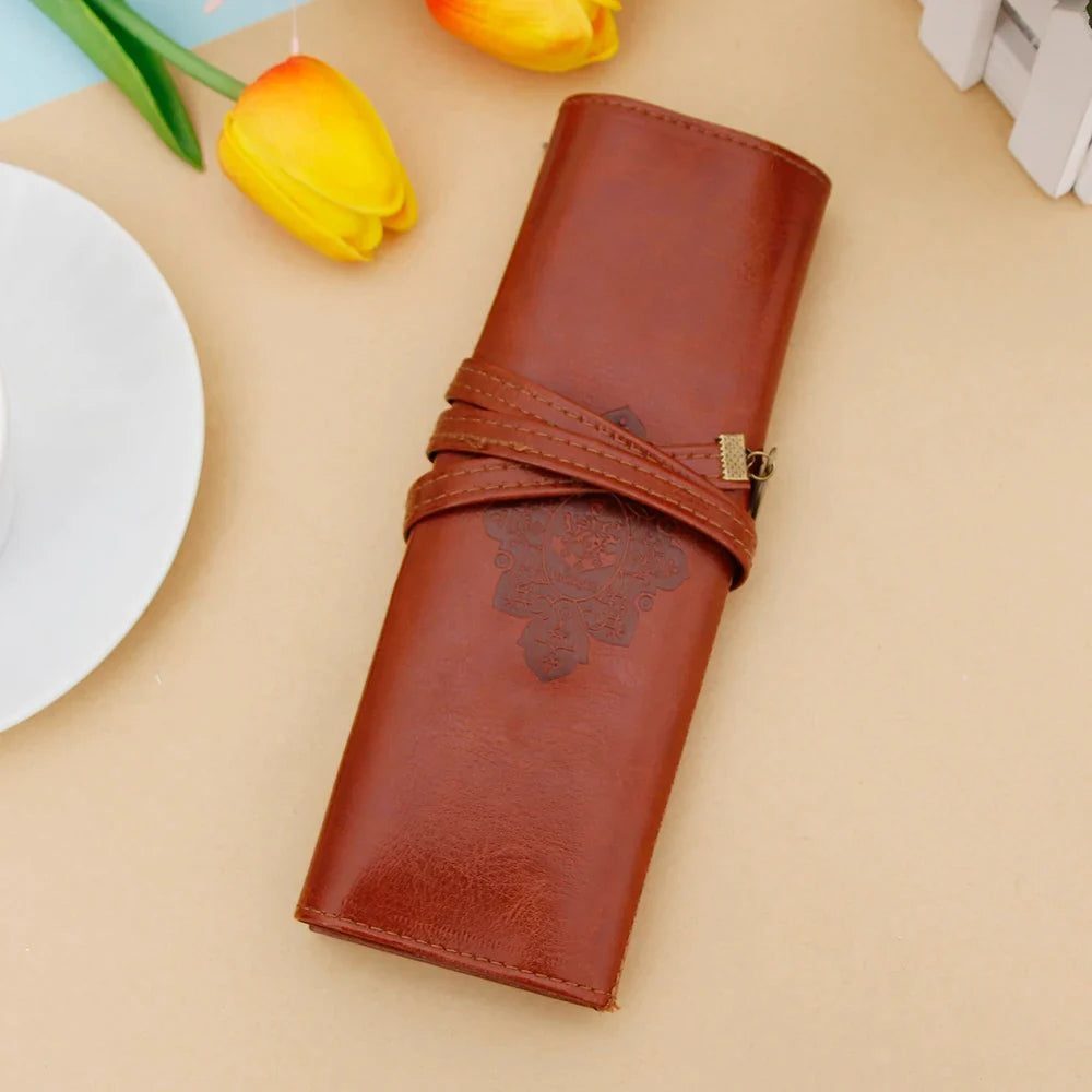 Vintage Leather Roll Pencil Case | Retro Pen & Brush Pouch