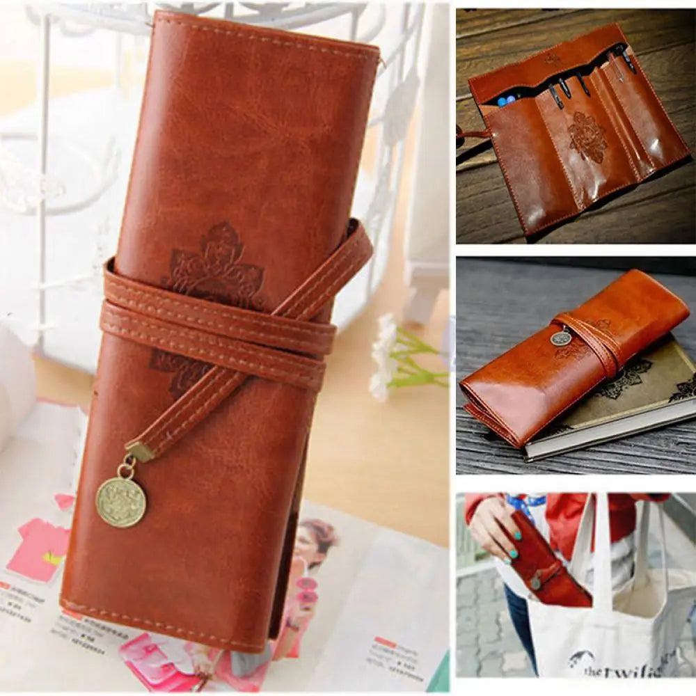 Vintage Leather Roll Pencil Case | Retro Pen & Brush Pouch