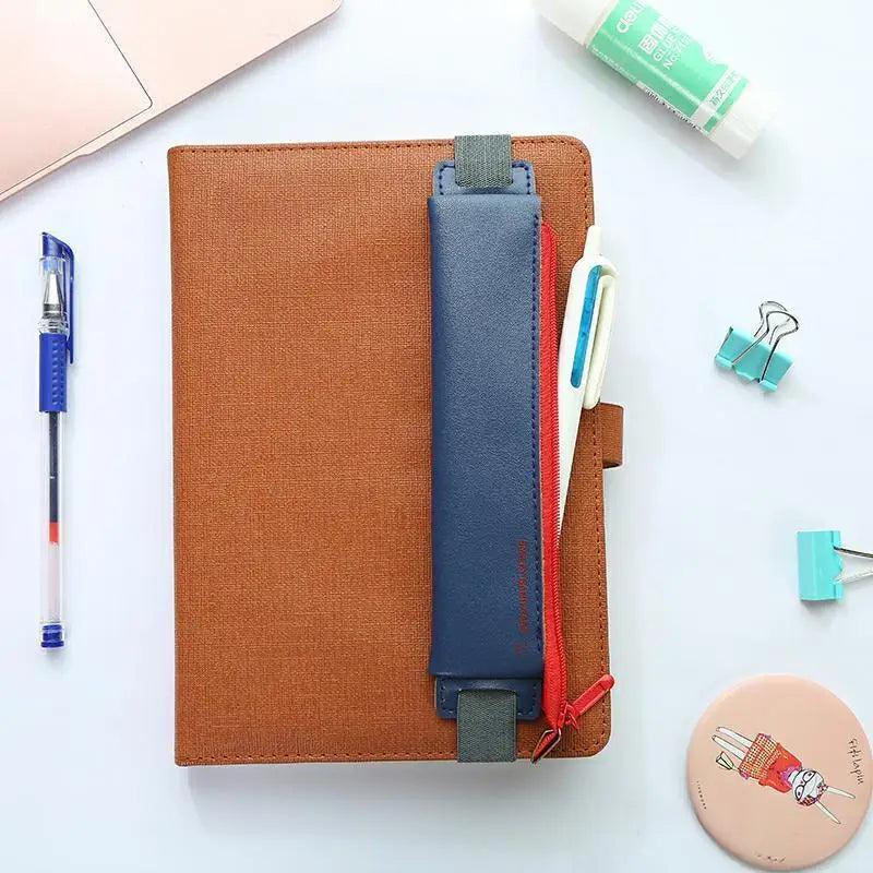 Slim Leather Pencil Case & Book Holder Pouch with Elastic Band