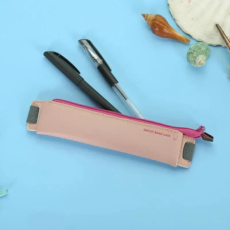Slim Leather Pencil Case & Book Holder Pouch with Elastic Band