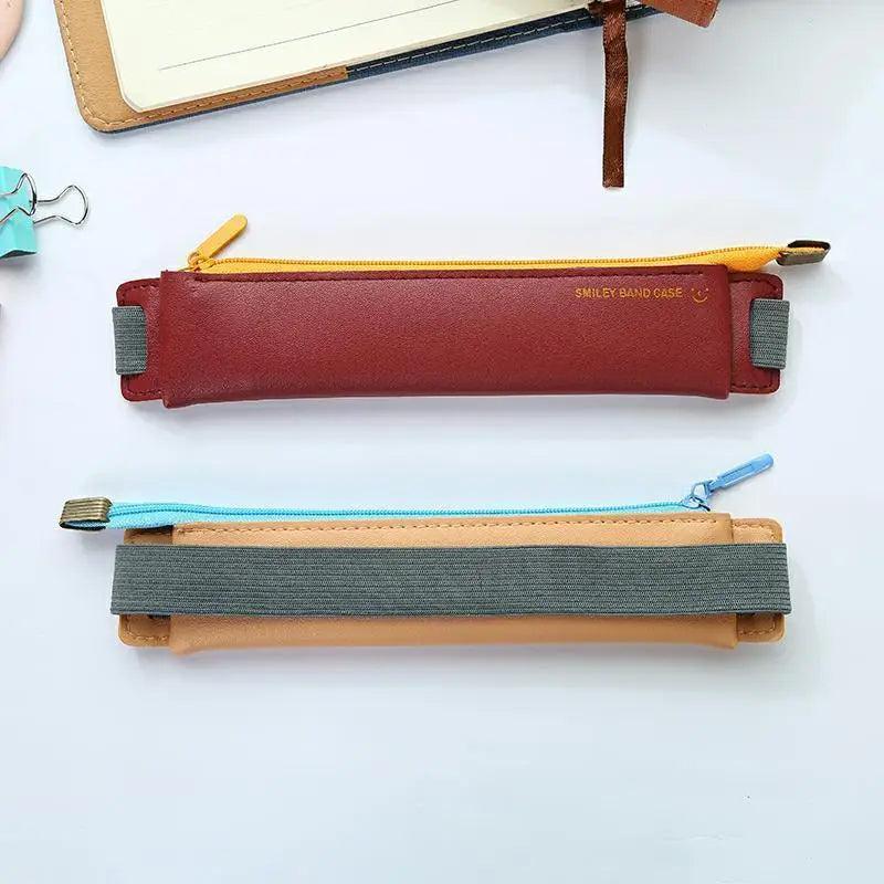 Slim Leather Pencil Case & Book Holder Pouch with Elastic Band