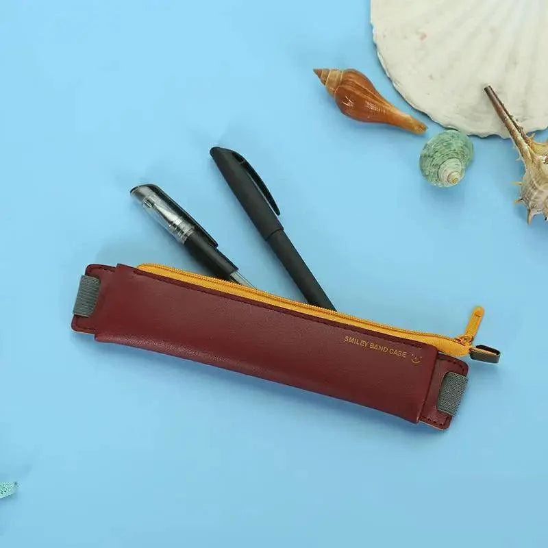 Slim Leather Pencil Case & Book Holder Pouch with Elastic Band