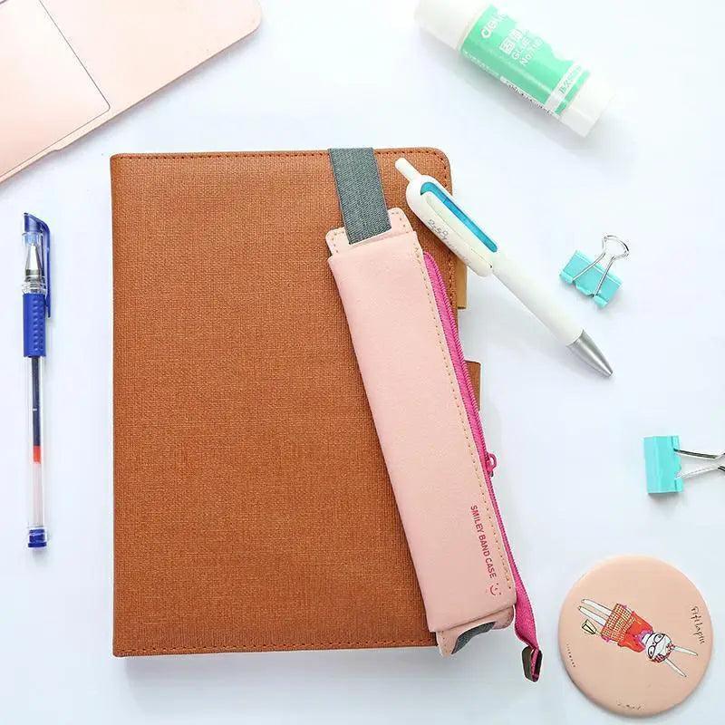 Slim Leather Pencil Case & Book Holder Pouch with Elastic Band