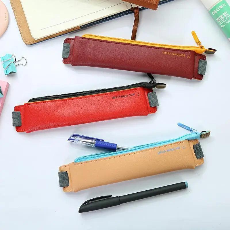 Slim Leather Pencil Case & Book Holder Pouch with Elastic Band