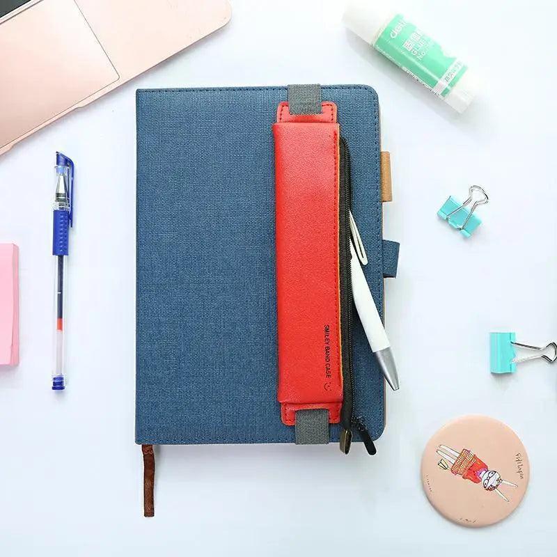 Slim Leather Pencil Case & Book Holder Pouch with Elastic Band