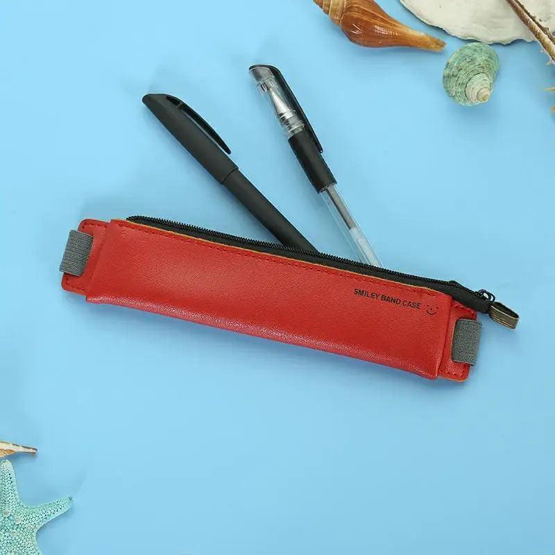 Slim Leather Pencil Case & Book Holder Pouch with Elastic Band