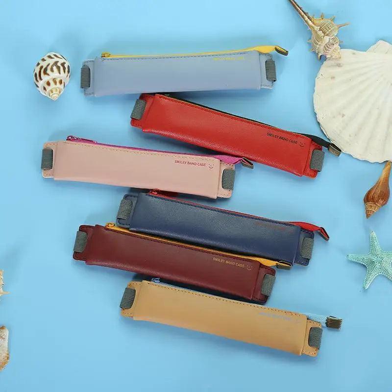 Slim Leather Pencil Case & Book Holder Pouch with Elastic Band