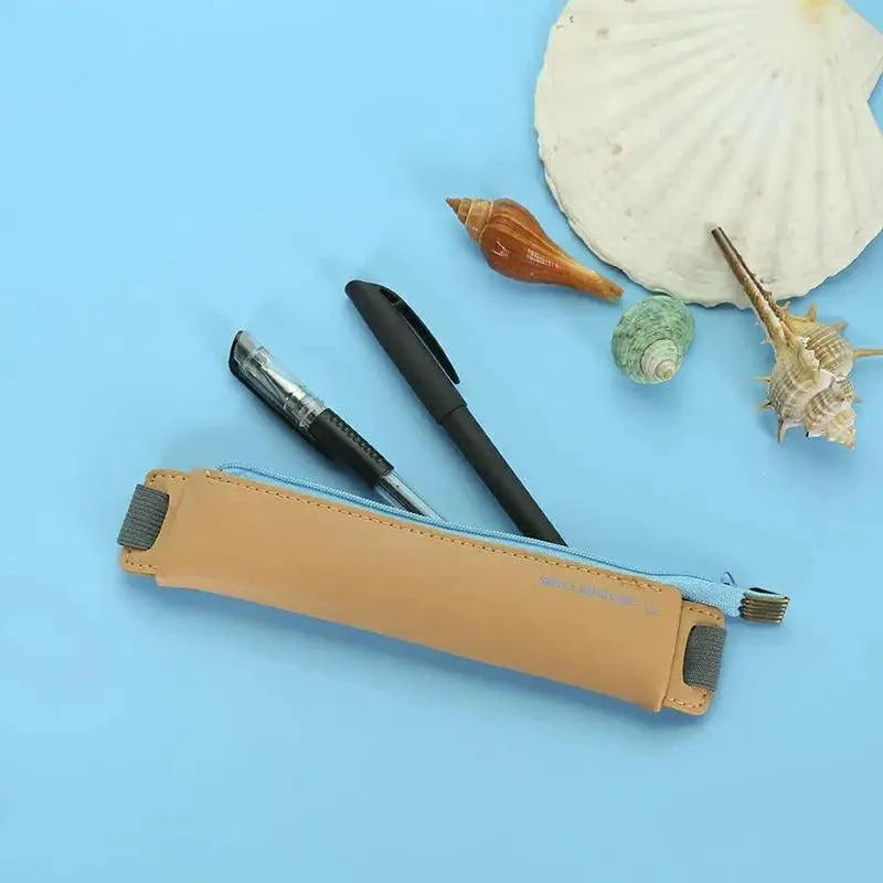 Slim Leather Pencil Case & Book Holder Pouch with Elastic Band