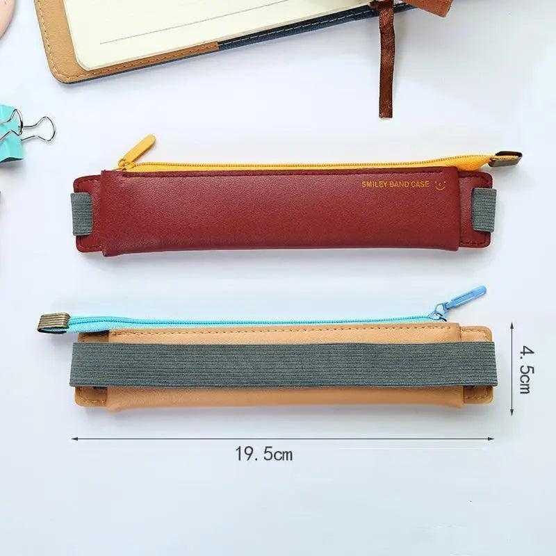 Slim Leather Pencil Case & Book Holder Pouch with Elastic Band