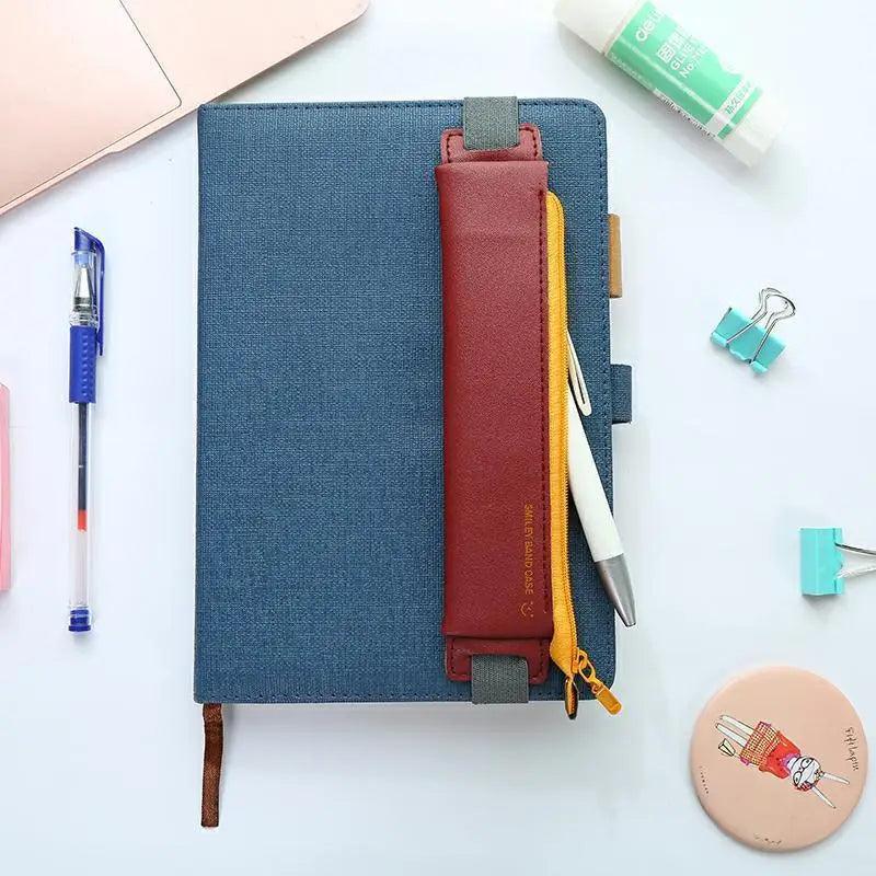 Slim Leather Pencil Case & Book Holder Pouch with Elastic Band